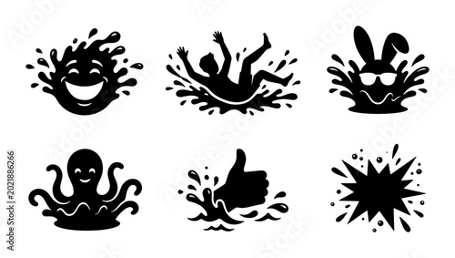 Splash Icons Set: Happy Face, Falling Person, Bunny, Octopus, Thumbs Up, Explosion, Water Splashes, Black Vector Graphics for Summer Fun and Play