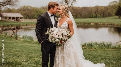 Newly married couple poses affectionately outdoors near a small body of water with rustic architecture in the background