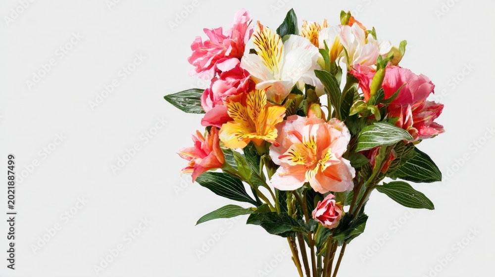 Obraz premium Vibrant bouquet of mixed tropical lilies positioned on the right against a clean background