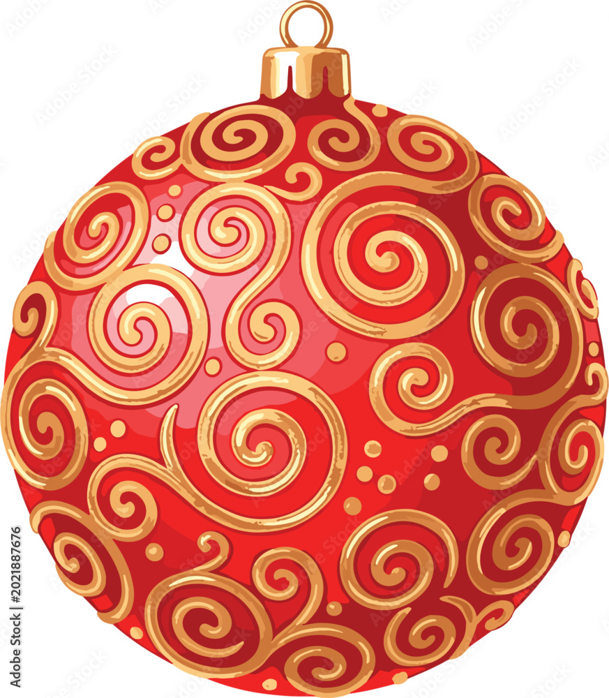 Fototapeta premium Elegant Red Christmas Bauble Ornament with Intricate Golden Swirl Patterns and Filigree Details for Luxury Holiday Season Decorations, Winter Celebrations, and Greeting Card Designs