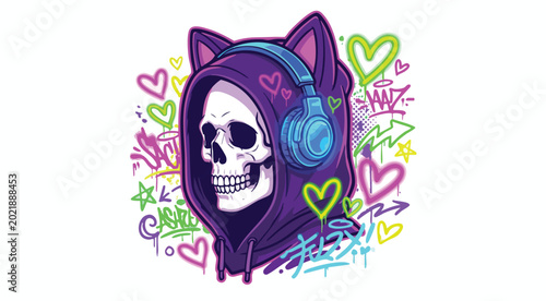 Photos Colorful graffiti-style skull with headphones and cat ears