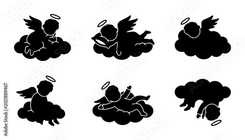 Konstfotografi Cherub Angels Silhouette Collection, Heavenly Putti Vector Icons, Divine Baby Fi