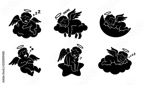 Fotografie Cherub Sleeping Icons, Baby Angel Vector Set, Heavenly Figures in Restful Poses,