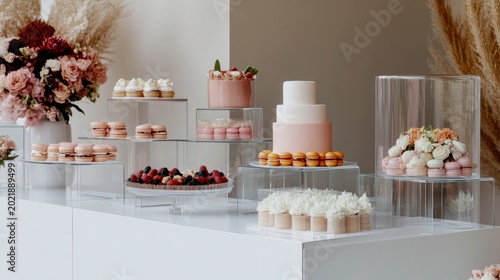 A modern, artistic dessert table that is more installation than buffet. Various levels of glass shelves and acrylic stands display wedding cake slices