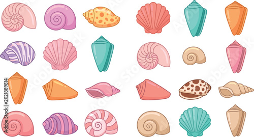 Foto Colorful seashell vector illustration set featuring various sea shells, conches,