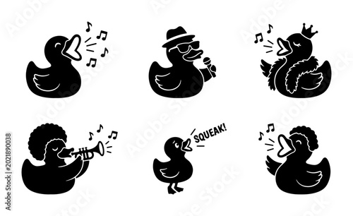 Cuadro en lienzo Set of 6 Black Rubber Duck Icons, Singing, Playing Music, and Talking, Vector Gr