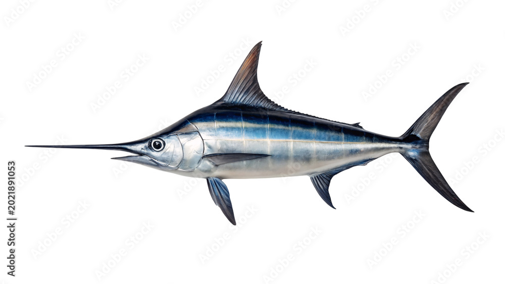 Naklejka premium A fresh swordfish with a silver fin is isolated on a white background