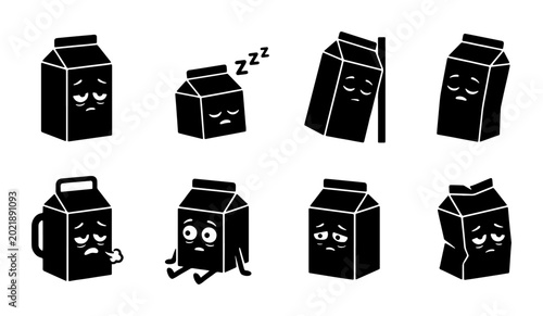 Photos Sad Milk Carton Emoticons, Vector Icons Set: Melancholy Beverage Characters, Tir