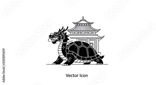Obraz na płótnie Mythical Turtle Dragon Guardian with Asian Pagoda Silhouette - Vector Icon