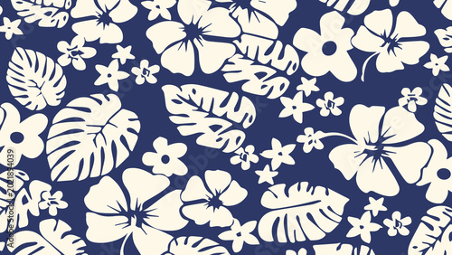 Valokuva Tropical floral pattern with white flowers and leaves on blue background
