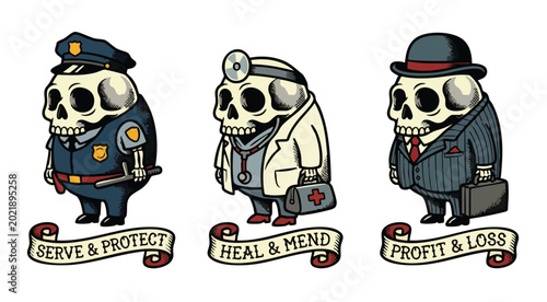 Obraz na plátně Cartoon skull characters representing professions with humorous twist