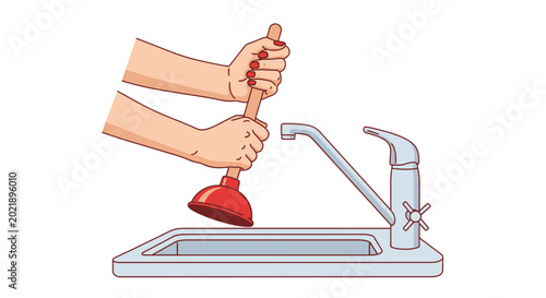 Hands using a plunger to fix a clogged kitchen or bathroom sink