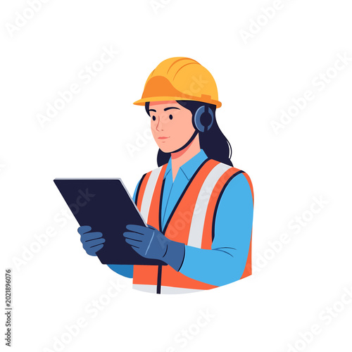 Female Construction Worker in Safety Gear Holding a Tablet