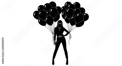 Chic Silhouette of a Fashionable Woman Holding Black Balloons