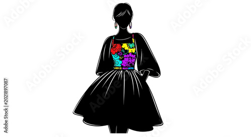 Woman silhouette in stylish black dress with vibrant floral bodice