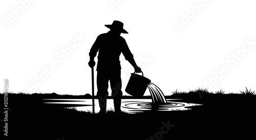 Farmer pouring water from bucket in rural field silhouette