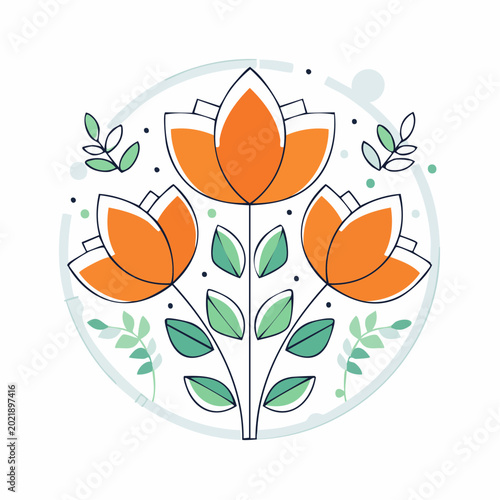 Stylized Orange Flowers with Green Leaves in Circle