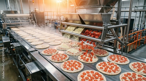 Industrial production of frozen pizzas on a conveyor belt in a modern food manufacturing facility