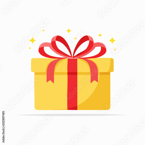 Yellow Gift Box with Red Ribbon and Sparkles