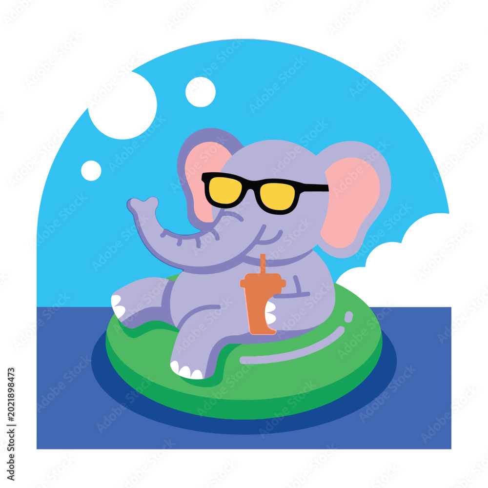 Naklejka premium Elephant on inflatable raft with sunglasses