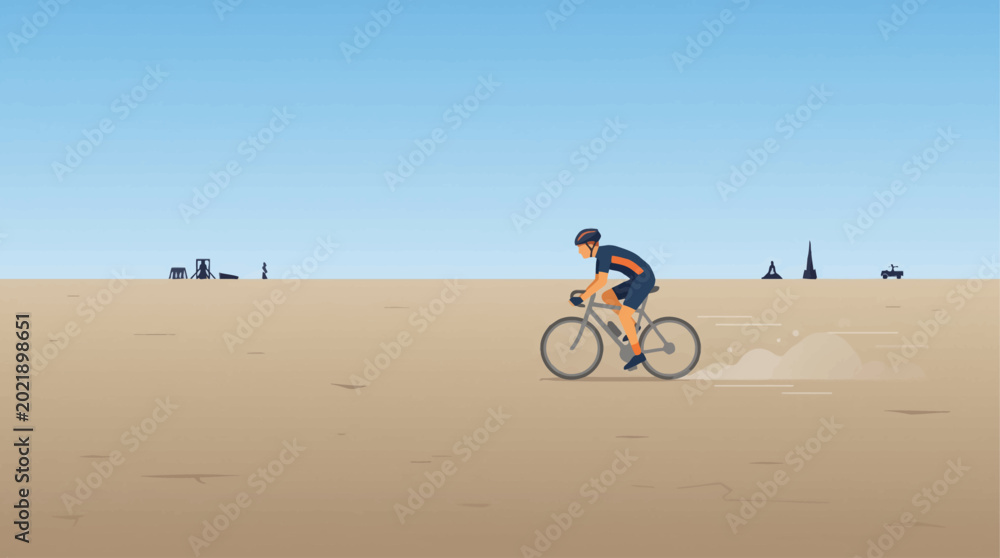 Fototapeta premium This flat design illustration depicts a lone stylized cyclist exploring the expansive playa, with subtle dust trails and distant art. It's a clean 2D vector graphic symbolizing freedom and individual 