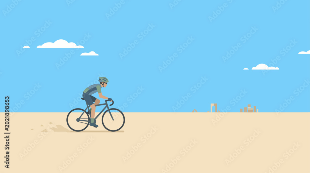 Fototapeta premium This flat design illustration depicts a lone stylized cyclist exploring the expansive playa, with subtle dust trails and distant art. It's a clean 2D vector graphic symbolizing freedom and individual 