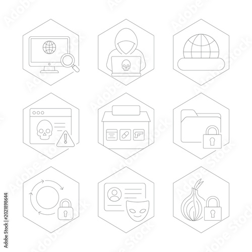 Cybersecurity and Dark Web Line Icons Set with Hacker Protection, Secure Data and Anonymous Identity