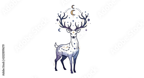 Canvas Print Mystical Deer with Cosmic Antlers, Moon, Stars, and Celestial Elements