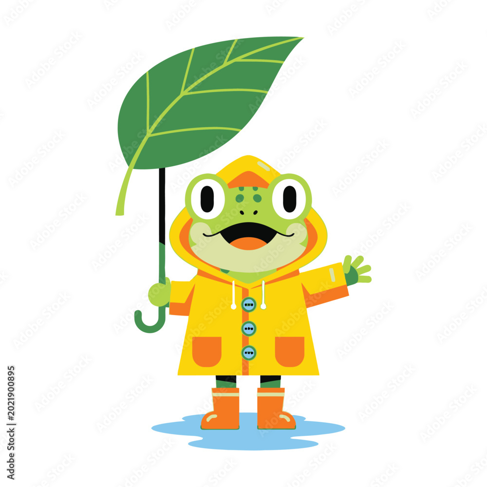 Obraz premium Cute Happy Frog Wearing Yellow Raincoat Holding a Green Leaf Umbrella Standing in a Puddle