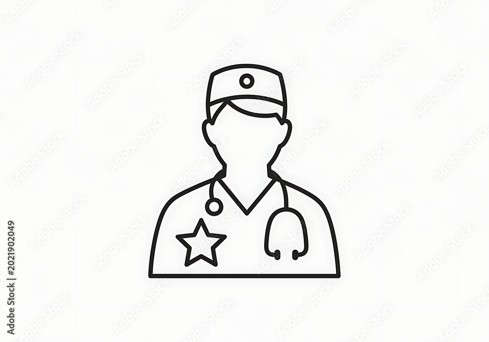 Fototapeta premium Minimalist line art icon of a specialist doctor with a stethoscope and a star on their uniform