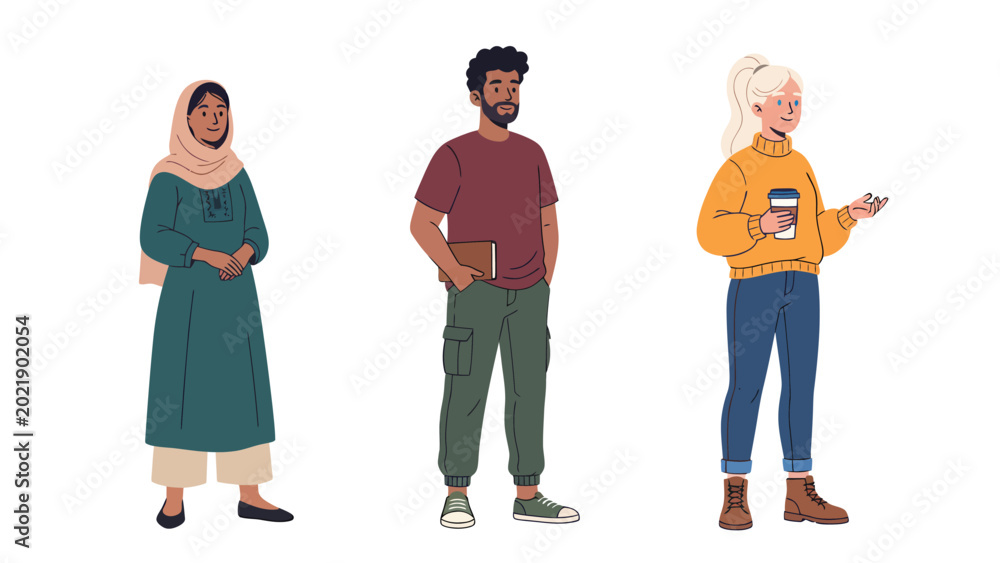 Fototapeta premium Diverse group of three young adults standing together, representing different cultures and lifestyles.