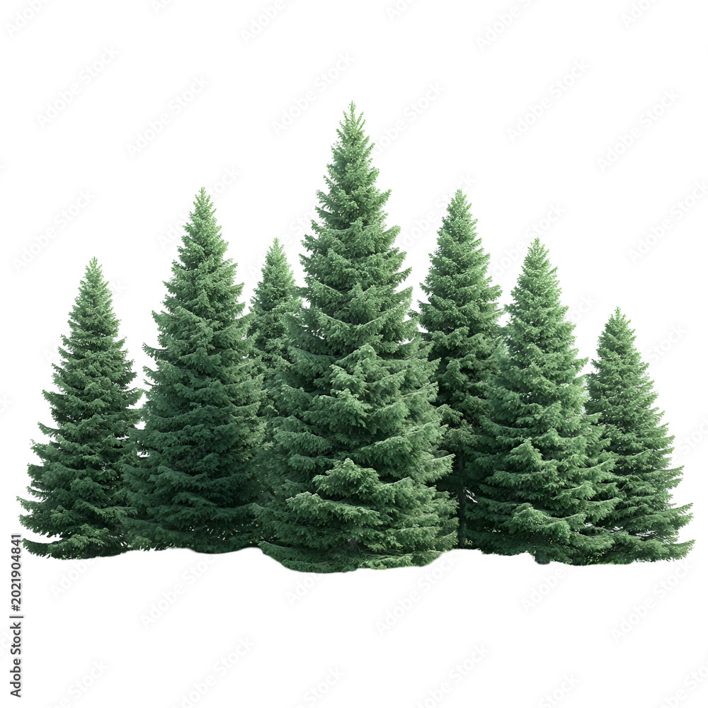 Obraz premium Row of tall evergreen conifer trees in foggy grassy field