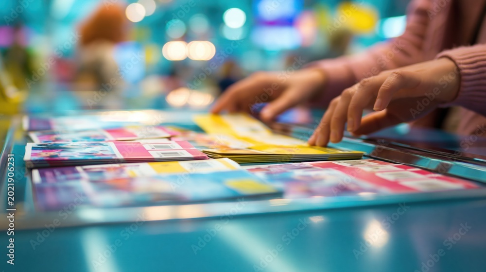 Fototapeta premium Close-up of Hands Browsing Through Colorful Magazines and Printed Materials on a Retail Display