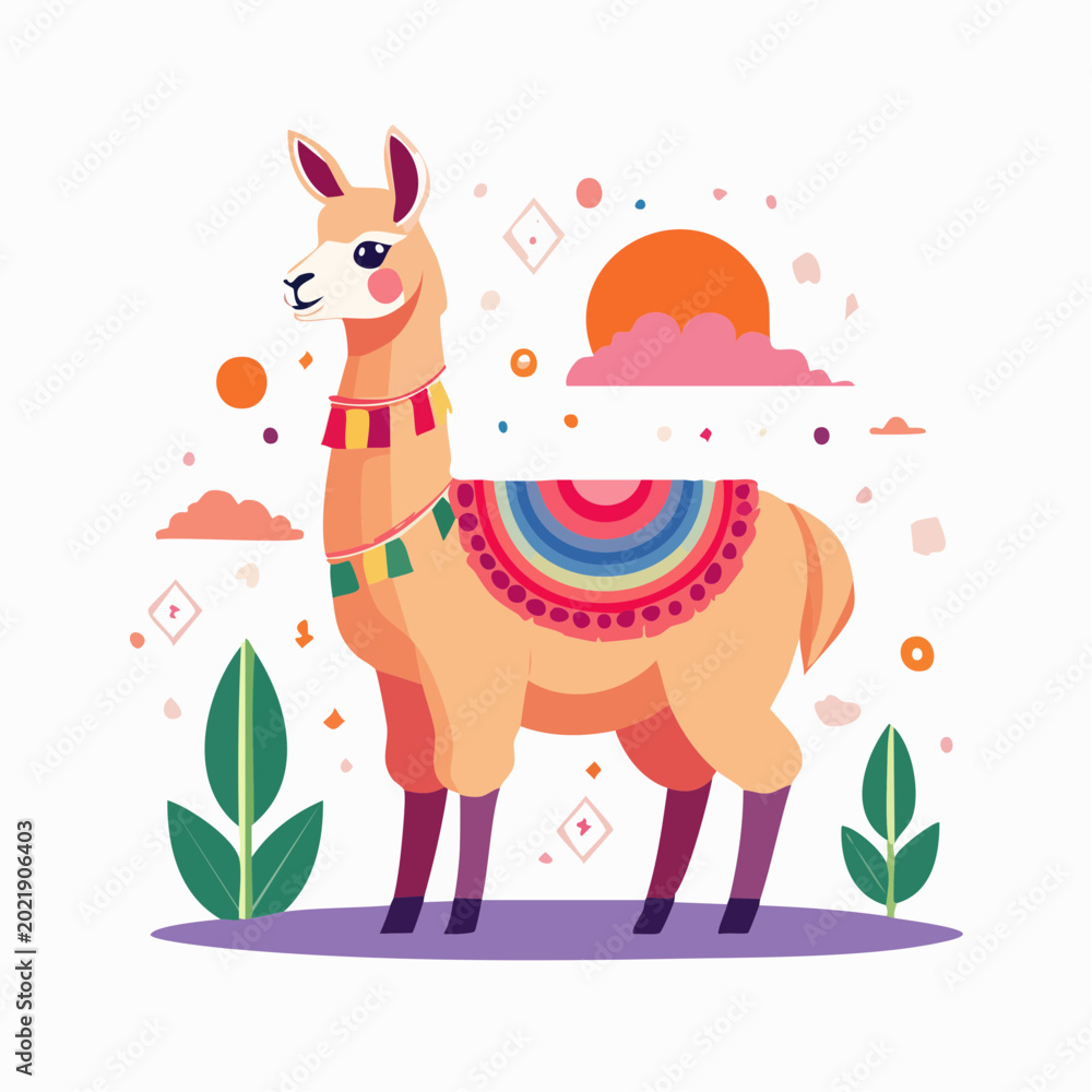 Fototapeta premium Cute Llama Illustration with Colorful Blanket and Sunset