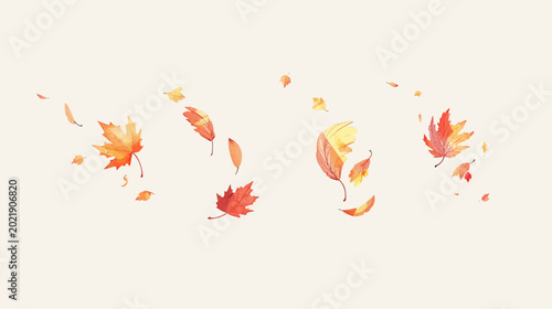 A watercolour depiction of colourful leaves drifting on a beige background, perfect for autumn