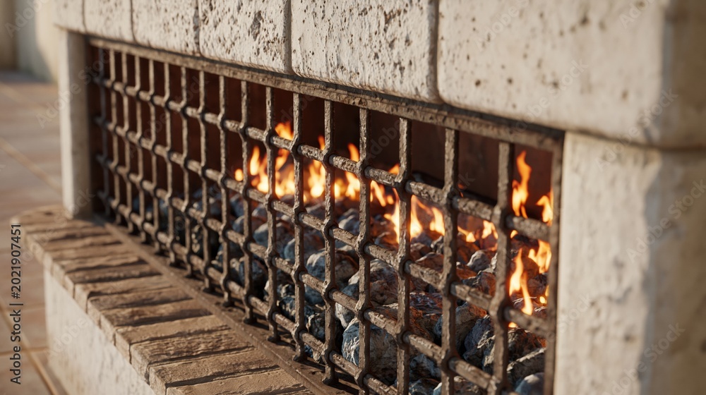 Obraz premium Close-up of a glowing gas fireplace with decorative metal grate and stone surround emitting warmth and ambiance