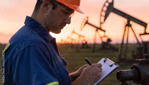 Oil Field Engineer In Navy Blue Coverall And Orange Hard Hat Writing On Clipboard While Inspecting Pump Jack Equipment At Onshore Oil Field During Golden Sunset Side Profile Closeup
