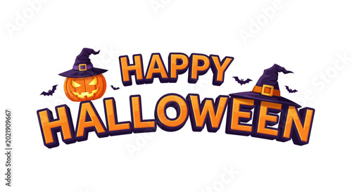 Happy Halloween Banner with Jack o Lantern and Witch Hats