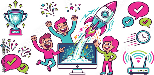 Foto Successful business startup launch vector concept with cheerful team celebrating