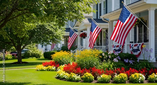 American neighborhood houses decorated with flags and flowers for independence day.