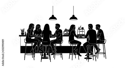 People socializing and drinking coffee at a modern cafe bar counter