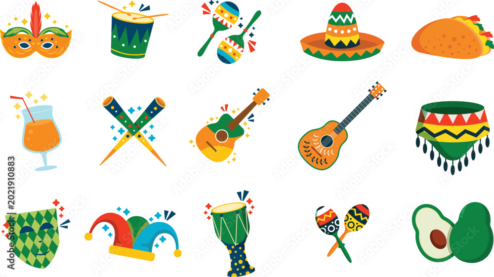 Naklejka premium Set of Mexican fiesta and carnival celebration icons.Vibrant flat design icons for Mexican cultural festival.
