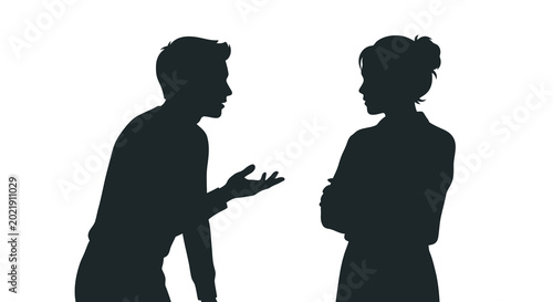 Foto man and woman silhouettes in conversation against a white background
