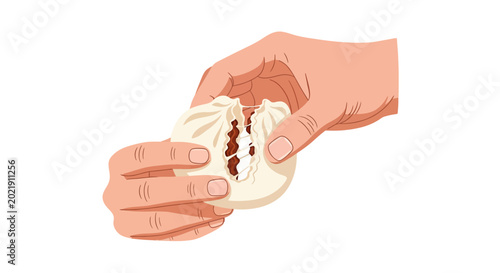 Steamed bun being pulled apart by hands to reveal savory filling