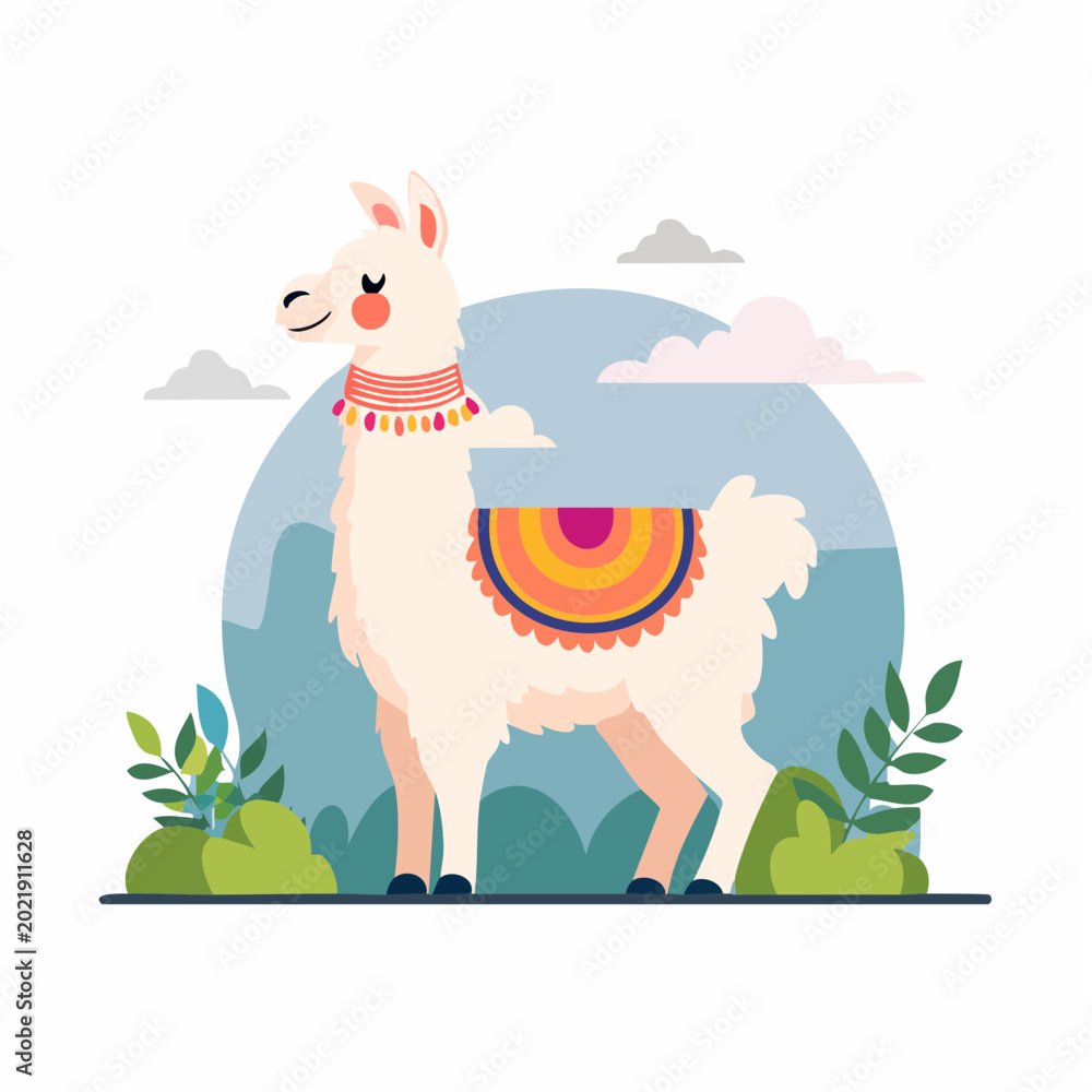Fototapeta premium Cute Llama Illustration with Colorful Blanket and Andean Landscape