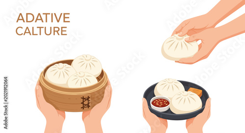 Hands holding steamed buns in bamboo steamer and on serving plate