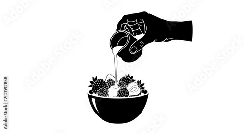 Pouring cream into a bowl of fresh berries and strawberries