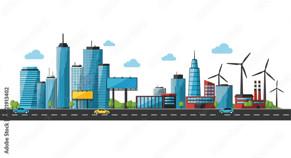 Fototapeta premium Modern urban city skyline illustration featuring blue skyscrapers, clean energy wind turbines, busy roads with cars, and billboards under a blue sky.