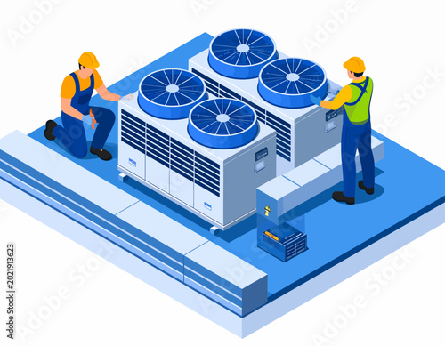 Technicians Inspecting Large Air Conditioning Unit.
