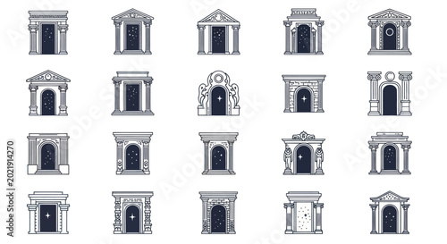 Bild auf Leinwand Collection of ancient stone archways and portals with starry night sky visible t